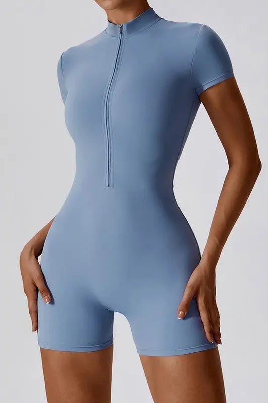 Zippered short sleeves solid color jumpsuit - Fason De Viv