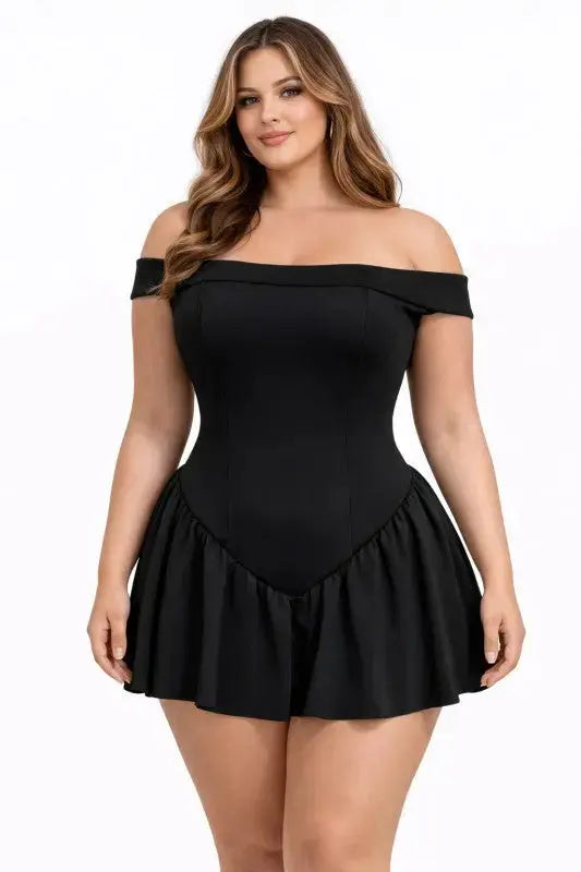 Plus Size Mini Black Dress – Off Shoulder Stretch - Dresses from FASON DE VIV