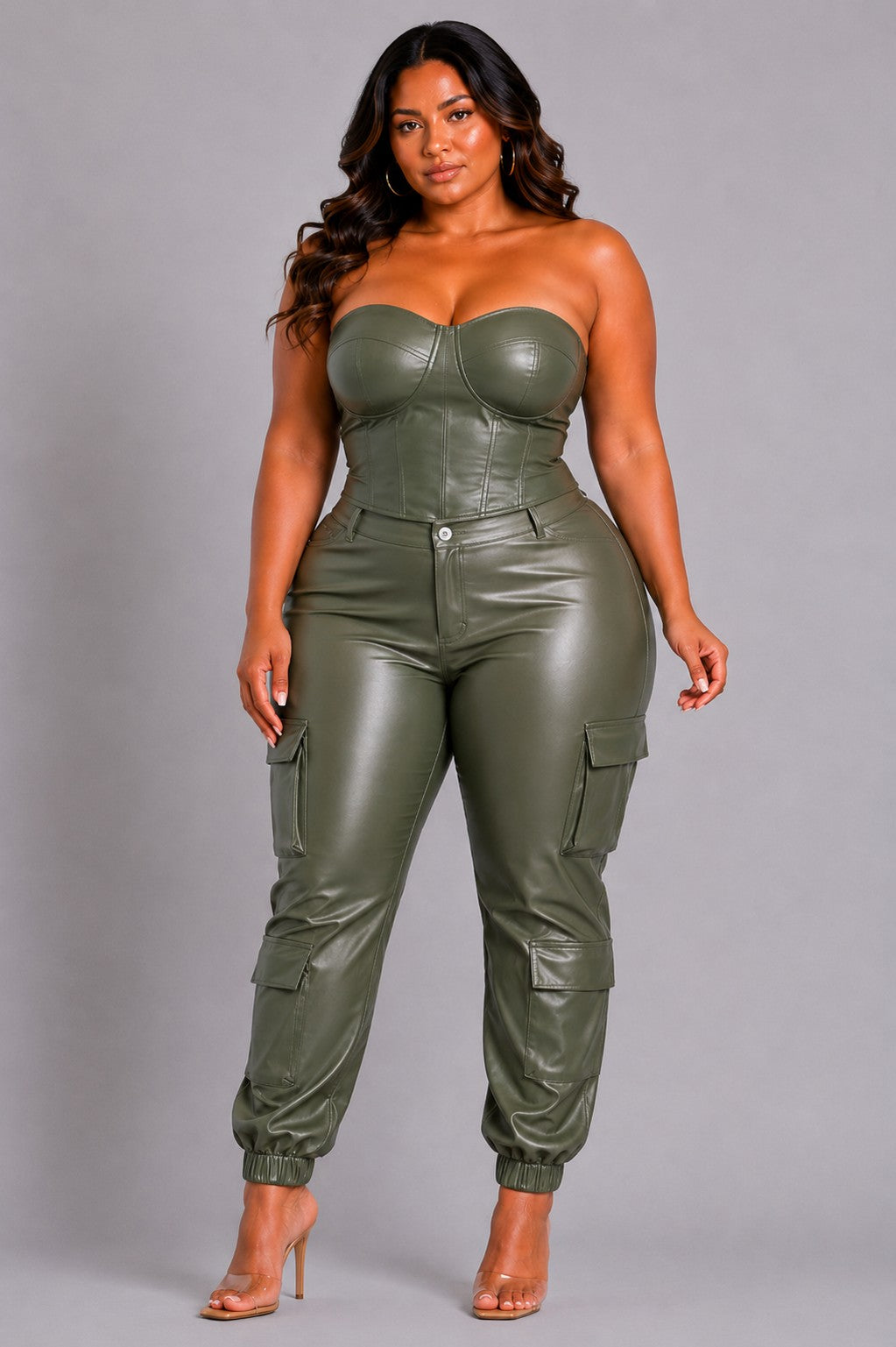 Plus Set Cargo Jogger Leather Pant And Corset Top - Outfit Sets from Fason De Viv