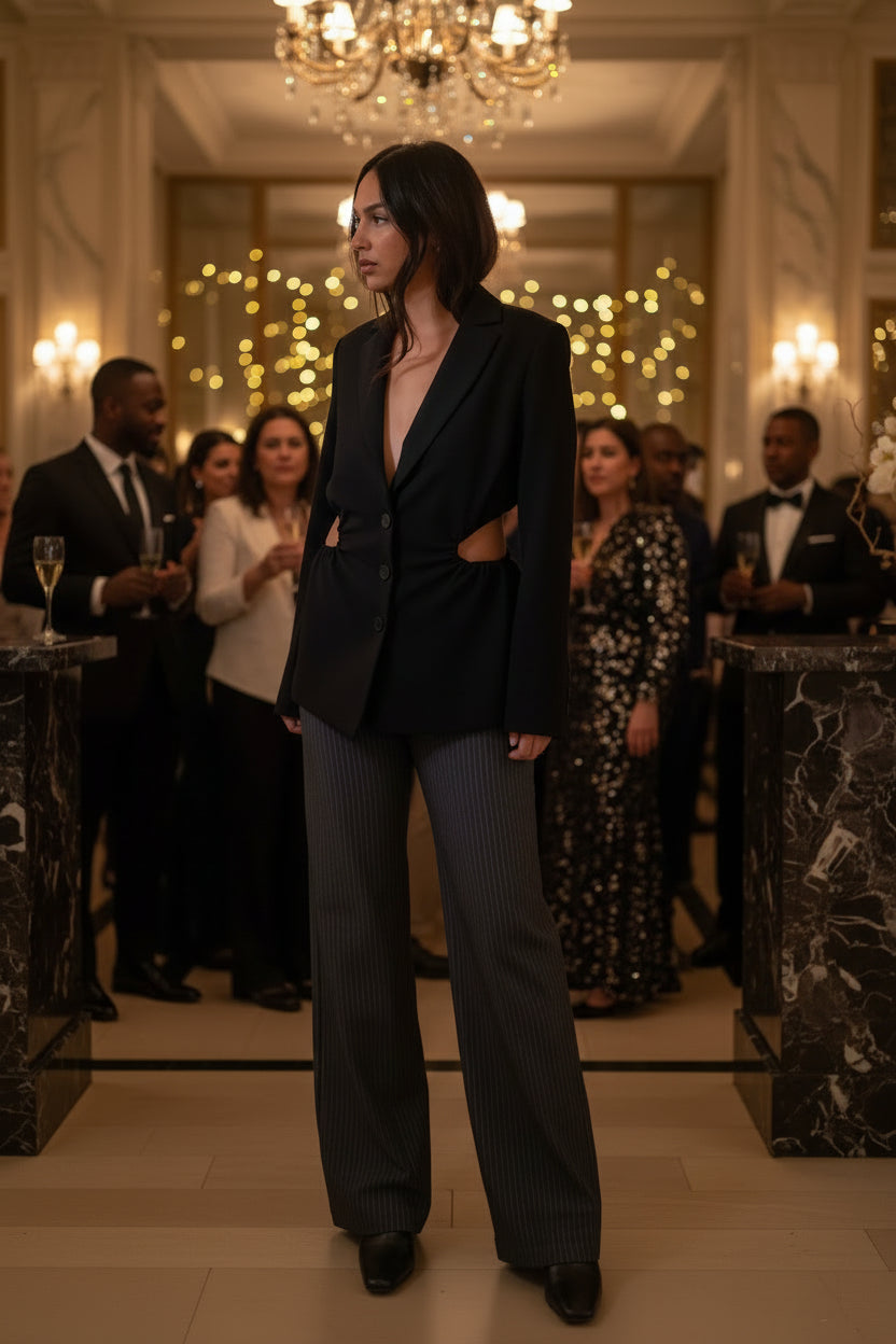 A woman models a black tailored blazer with side cutouts and matching wide-leg pinstripe trousers, standing against a plain off-white wall on a light wood floor.