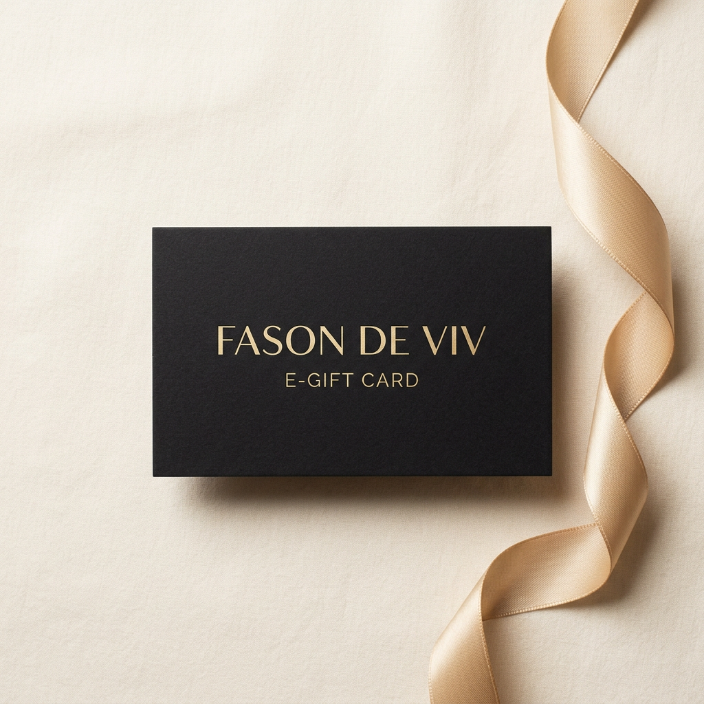 FASON DE VIV black digital gift card with gold lettering and champagne ribbon on an ivory background