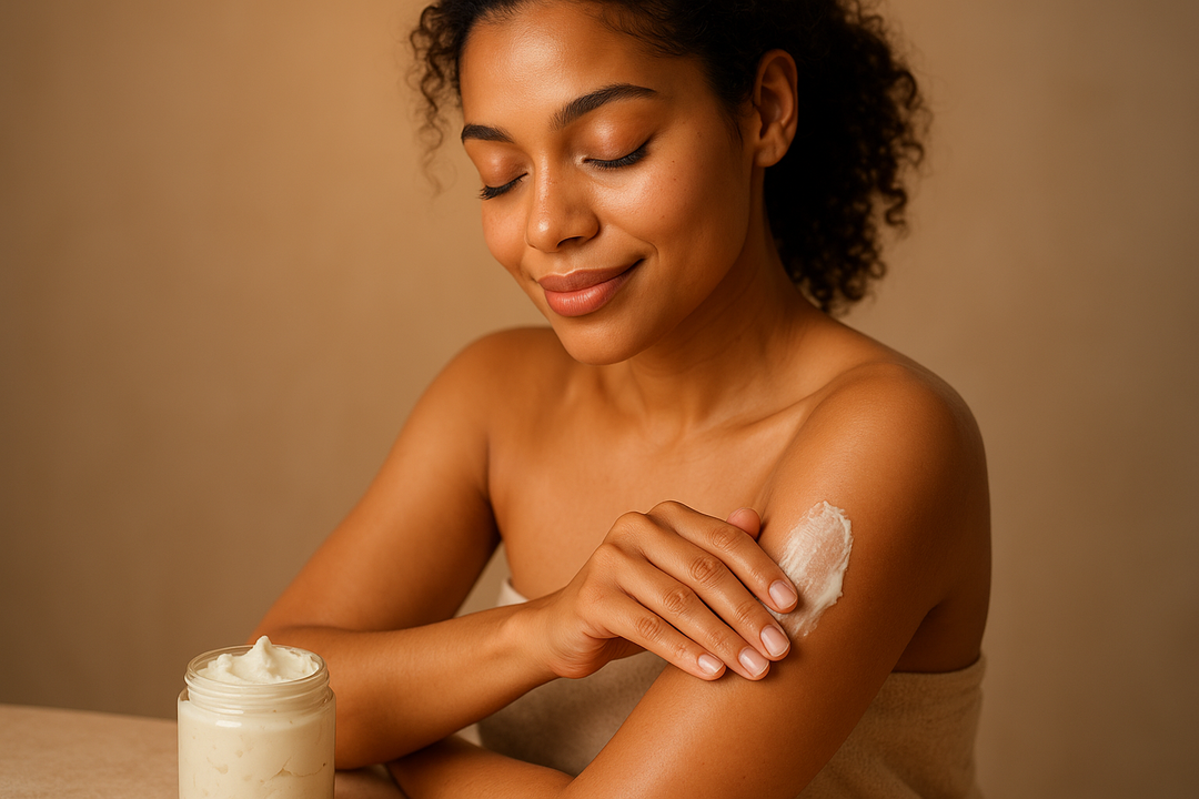 woman adding shea butter to her skin 