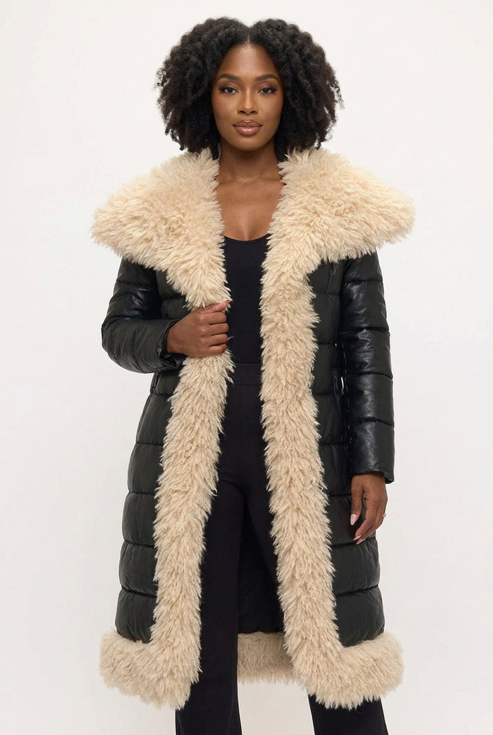 Front Black Fur Trim Puffer Long Coat - Fason De Viv