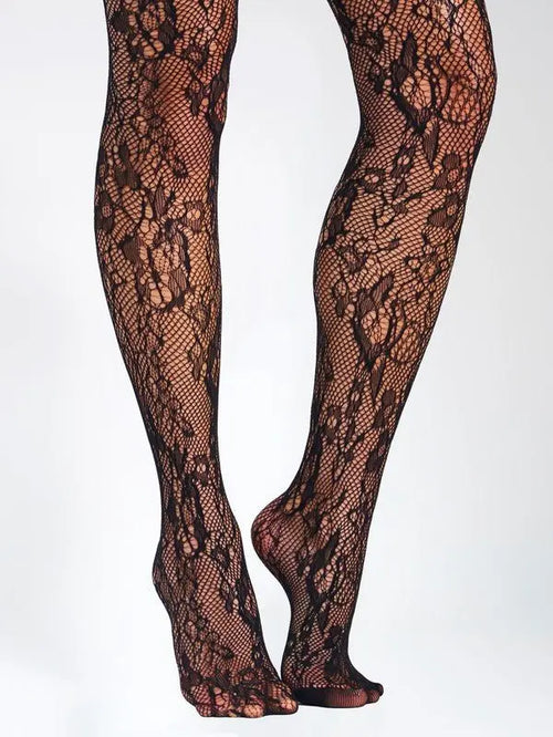 Black Lace Floral Print Tights - Fason De Viv