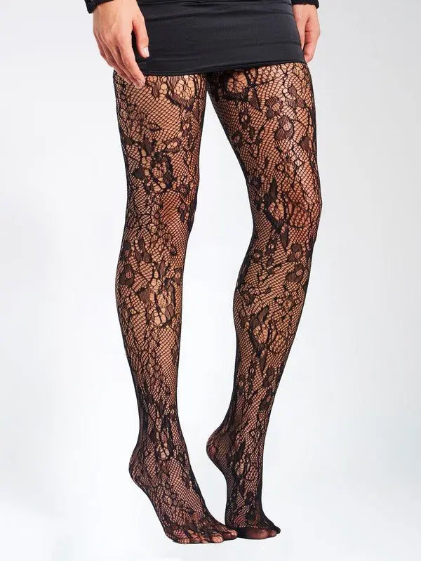 Black Lace Floral Print Tights - Fason De Viv
