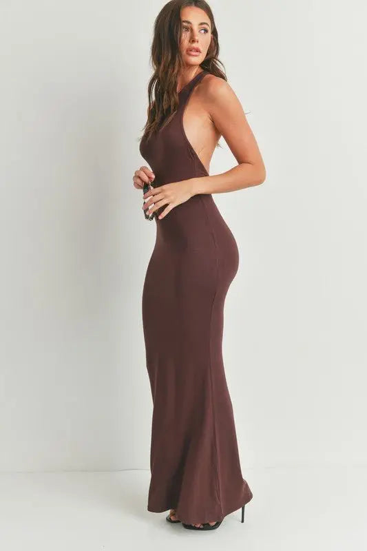 Bri Backless Brown Maxi Dress