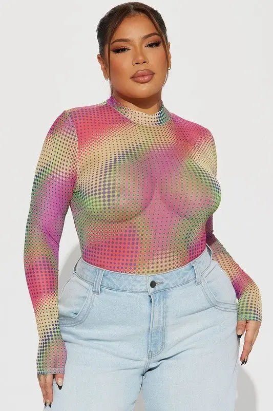 CEE Retro Mock Neck Mesh Bodysuit in Multi colorway, detail view — FASON DE VIV