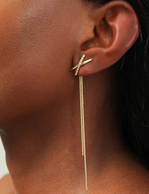 Gold Criss Cross Chain Tassel Earrings - Fason De Viv