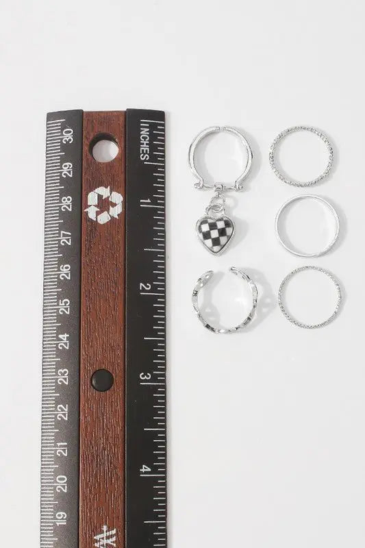 LULU Charm Checkerboard Heart Open Ring Sets - Fason De Viv