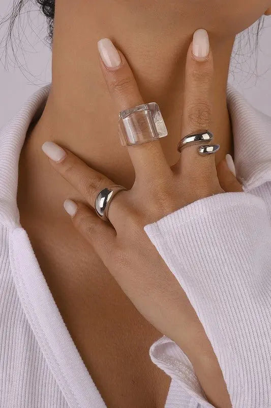 LULU Transparent Resin Silver Color Rings Set - Fason De Viv