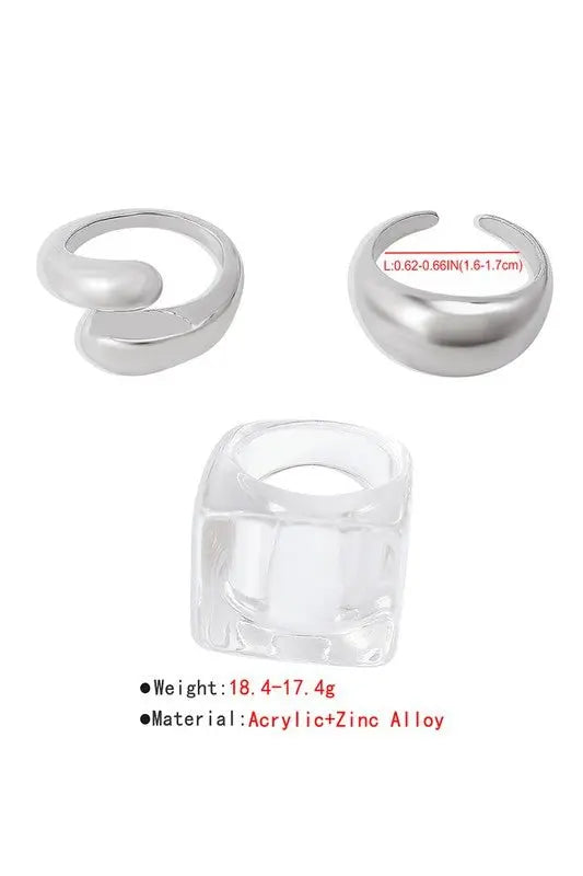 LULU Transparent Resin Silver Color Rings Set - Fason De Viv