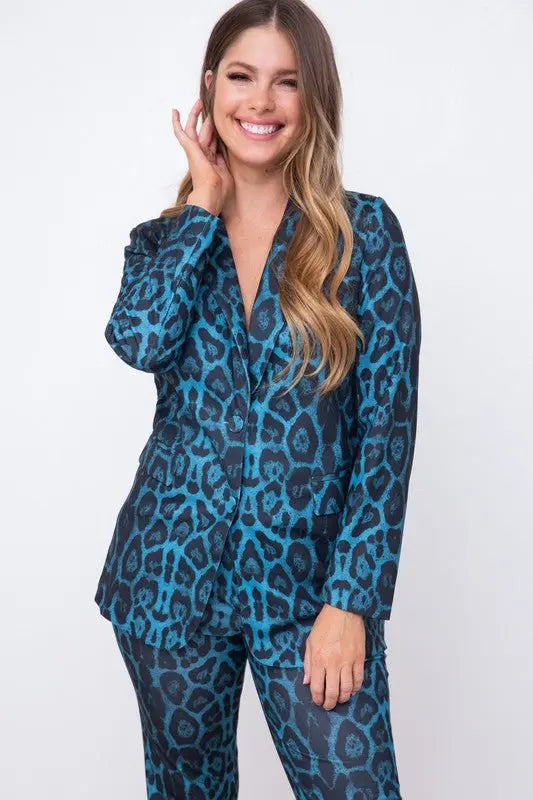 Leopard Print Full Sleeve Blazers Pants Suit - Fason De Viv