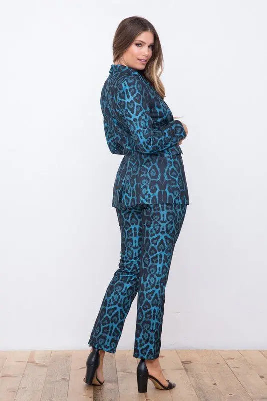 Leopard Print Full Sleeve Blazers Pants Suit - Fason De Viv