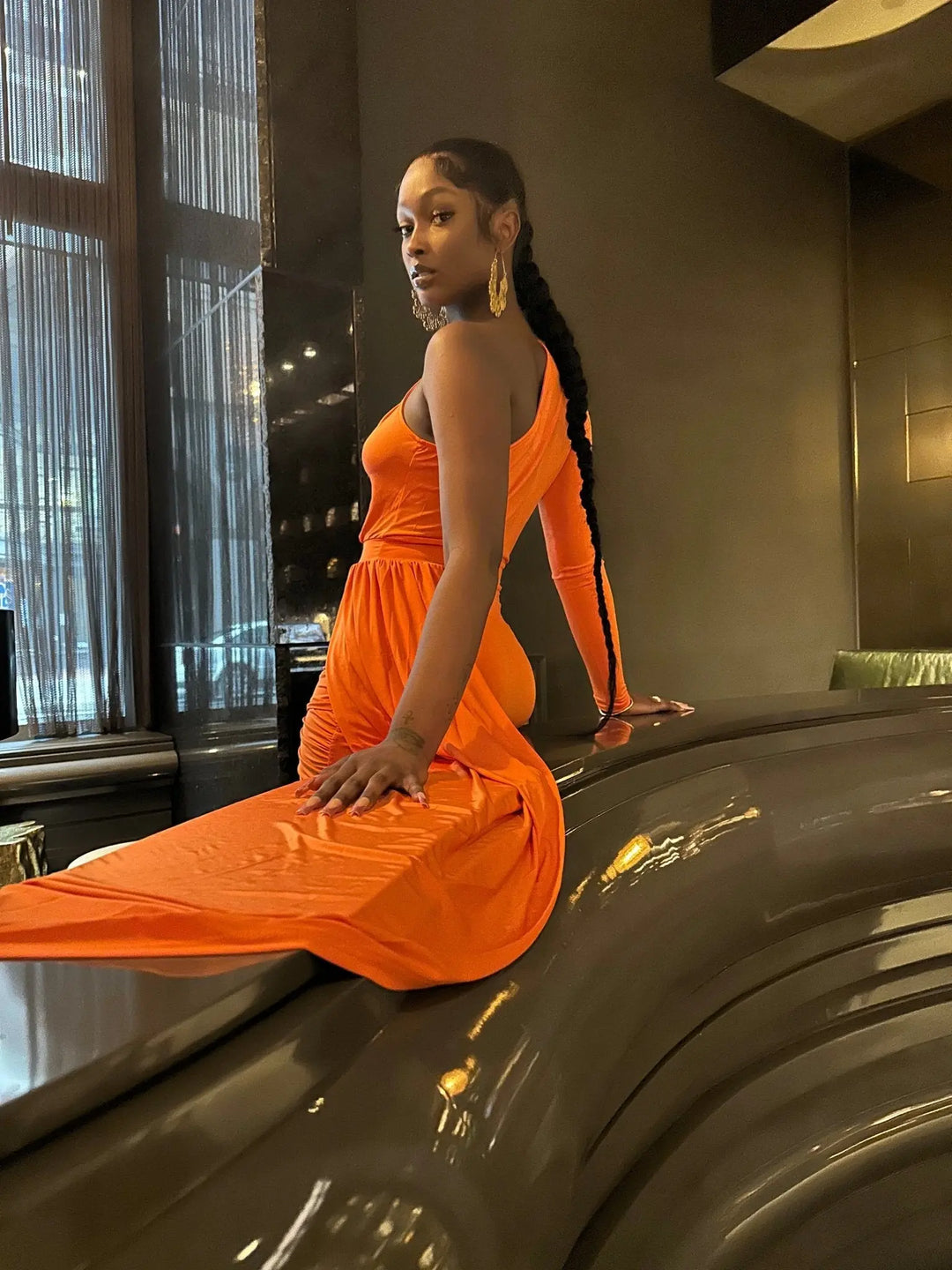 orange one shoulder mini dress Kaiia exclusive textured mesh one shoulder ruffle hem mini dress in orange