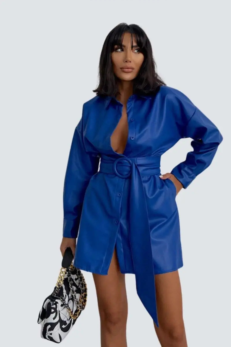 Posh Blue Leather Shirt Dress - Fason De Viv