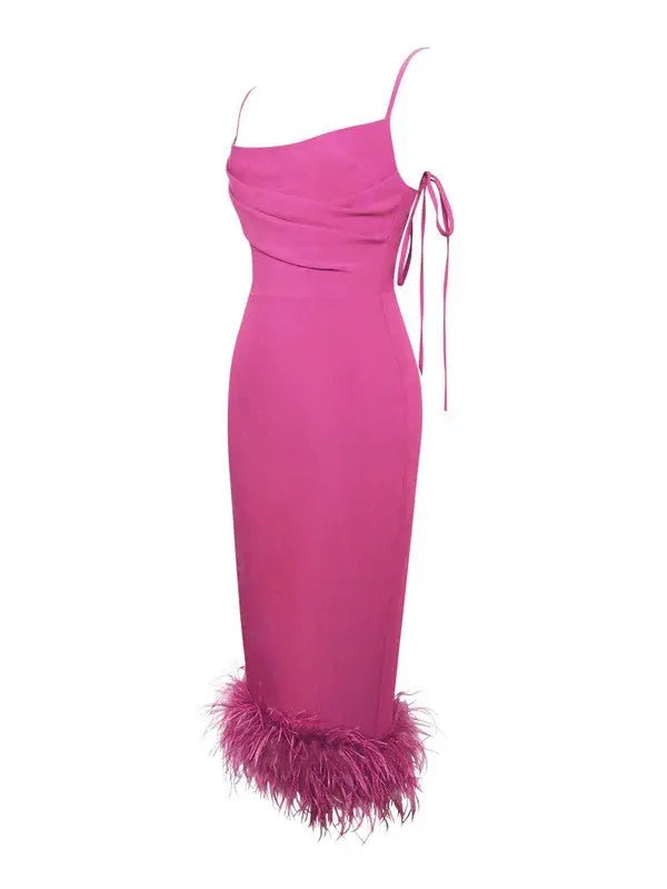 Posh Fuchsia Feather Trim Dress - Fason De Viv