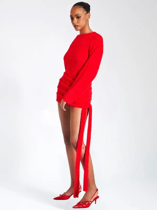 Posh Red fur Backless Sweater Dress - Fason De Viv