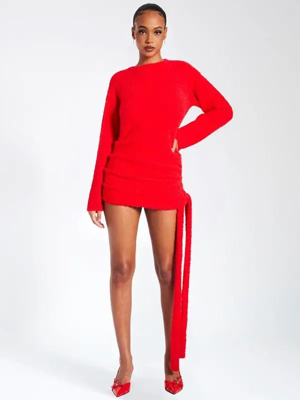 Posh Red fur Backless Sweater Dress