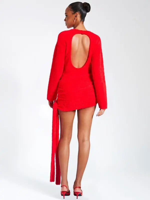 Posh Red fur Backless Sweater Dress