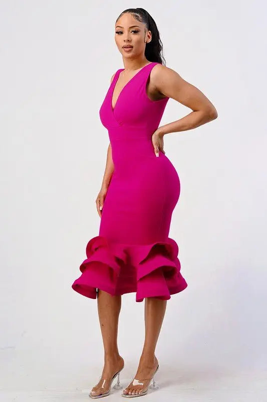 ZEN LAYERED RUFFLE HEM BODYCON MID DRESS - Fason De Viv