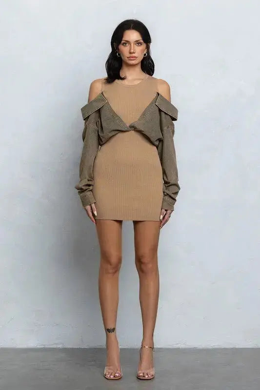 Zen Ribbed Mini Dress with Denim Shirt Contrast - Outfit Sets from No Vacancy
