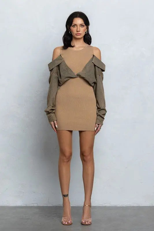 Zen Ribbed Mini Dress with Denim Shirt Contrast - Outfit Sets from No Vacancy
